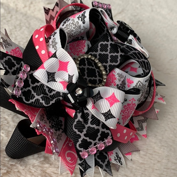 OTT Black & Pink Hair Bow snap clip rhinestones - Picture 4 of 4